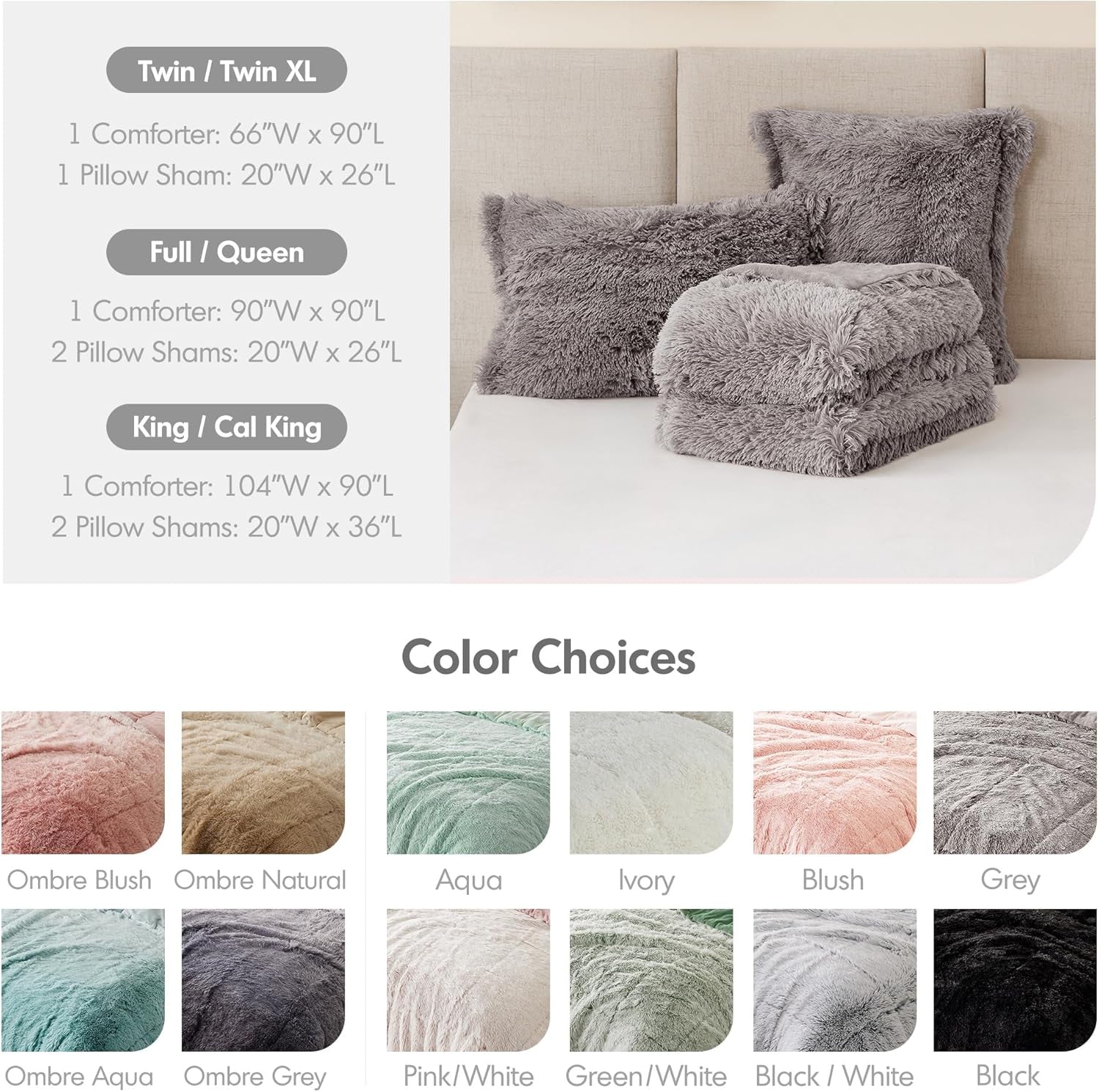 Malea 3 Piece Shaggy Faux Fur Comforter Set Solid Plush Double Sided Box Quilting Design, Modern Casual All Season Quilt Bedding with Matching Sham, King/Cal King, Grey 3 Piece
