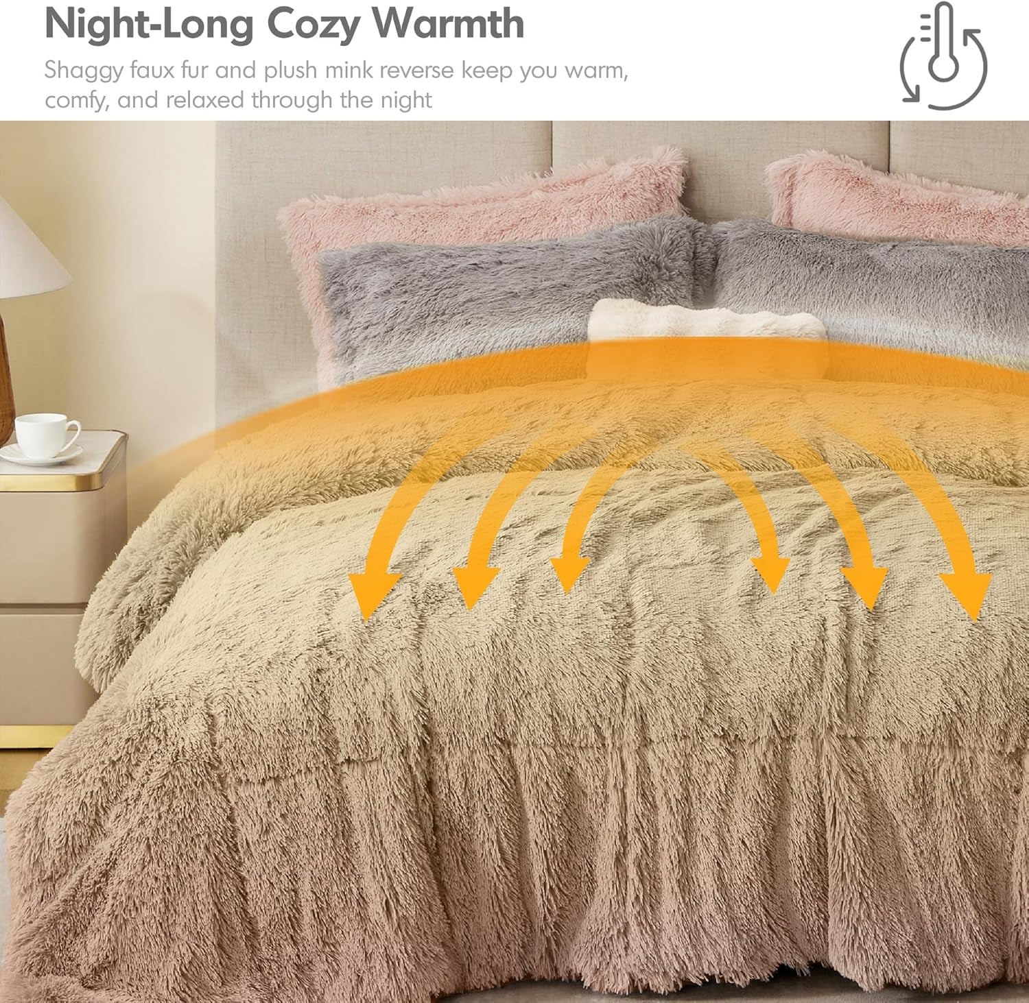 Malea 3 Piece Shaggy Faux Fur Comforter Set Solid Plush Double Sided Box Quilting Design, Modern Casual All Season Quilt Bedding with Matching Sham, King/Cal King, Grey 3 Piece
