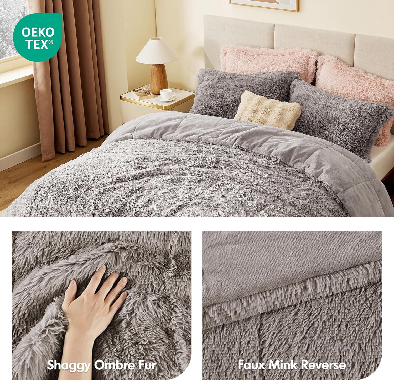 Malea 3 Piece Shaggy Faux Fur Comforter Set Solid Plush Double Sided Box Quilting Design, Modern Casual All Season Quilt Bedding with Matching Sham, King/Cal King, Grey 3 Piece