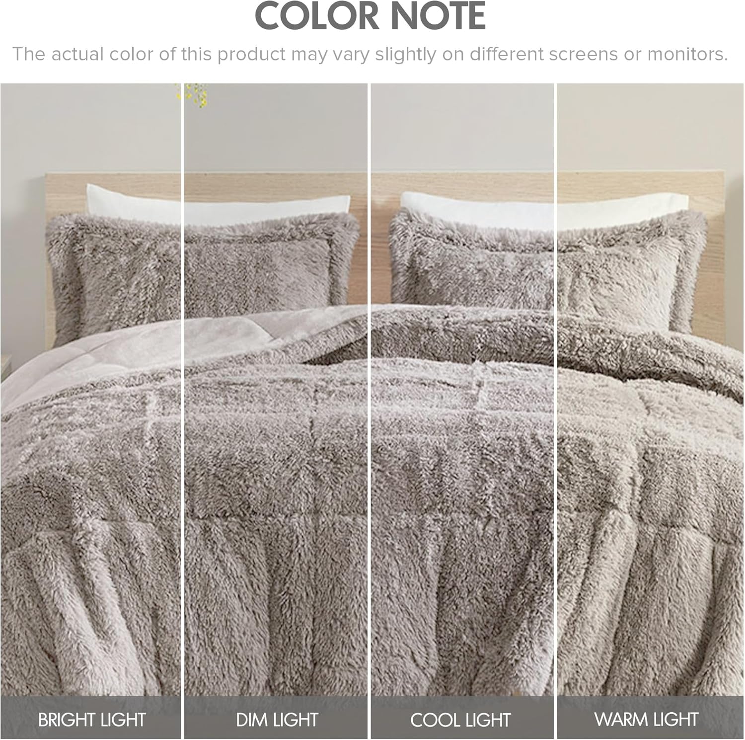 Malea 3 Piece Shaggy Faux Fur Comforter Set Solid Plush Double Sided Box Quilting Design, Modern Casual All Season Quilt Bedding with Matching Sham, King/Cal King, Grey 3 Piece