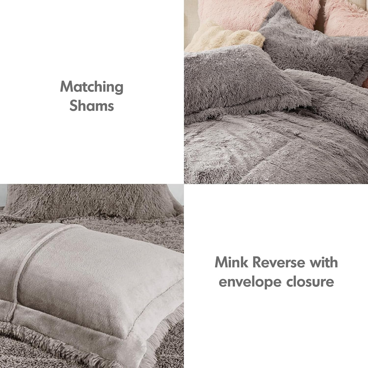 Malea 3 Piece Shaggy Faux Fur Comforter Set Solid Plush Double Sided Box Quilting Design, Modern Casual All Season Quilt Bedding with Matching Sham, King/Cal King, Grey 3 Piece
