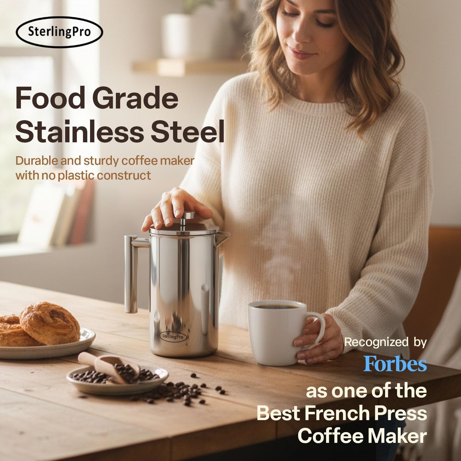 Stainless Steel French Press Coffee Maker 1.5 L (51 Oz) Mirror – Double Walled Insulated Large Coffee Press, Durable Design Keeps Drinks Hot, Easy to Use and Clean for Rich Flavor Brewing